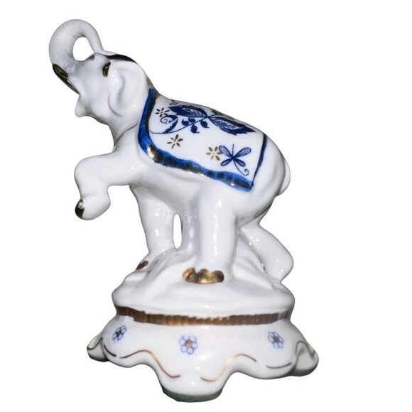 Porcelain Elephant Figurine WHT w/BLU GLD Floral Accents Trunk Up Lmt Ed Vienna - Picture 6 of 13